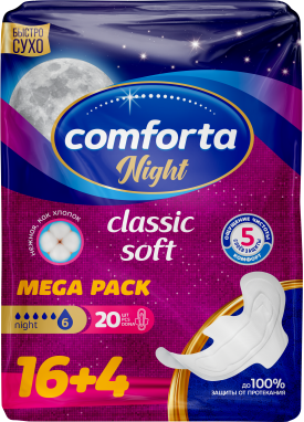 Comforta Night Classic Soft Sanitary Pads, Mega Pack of 20 (16+4)